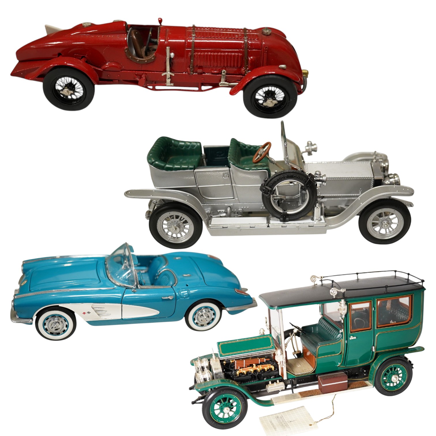 Five boxed Franklin Mint diecast 1:24 scale vehicles; a 1952 Jaguar XK120, a Rolls Royce Silver Ghost, a Rolls-Royce silver ghost limousine, a Mercedes Benz 300SL Gullwing, a Corvette Roadster, plus a boxed SMTS 1:43 whi